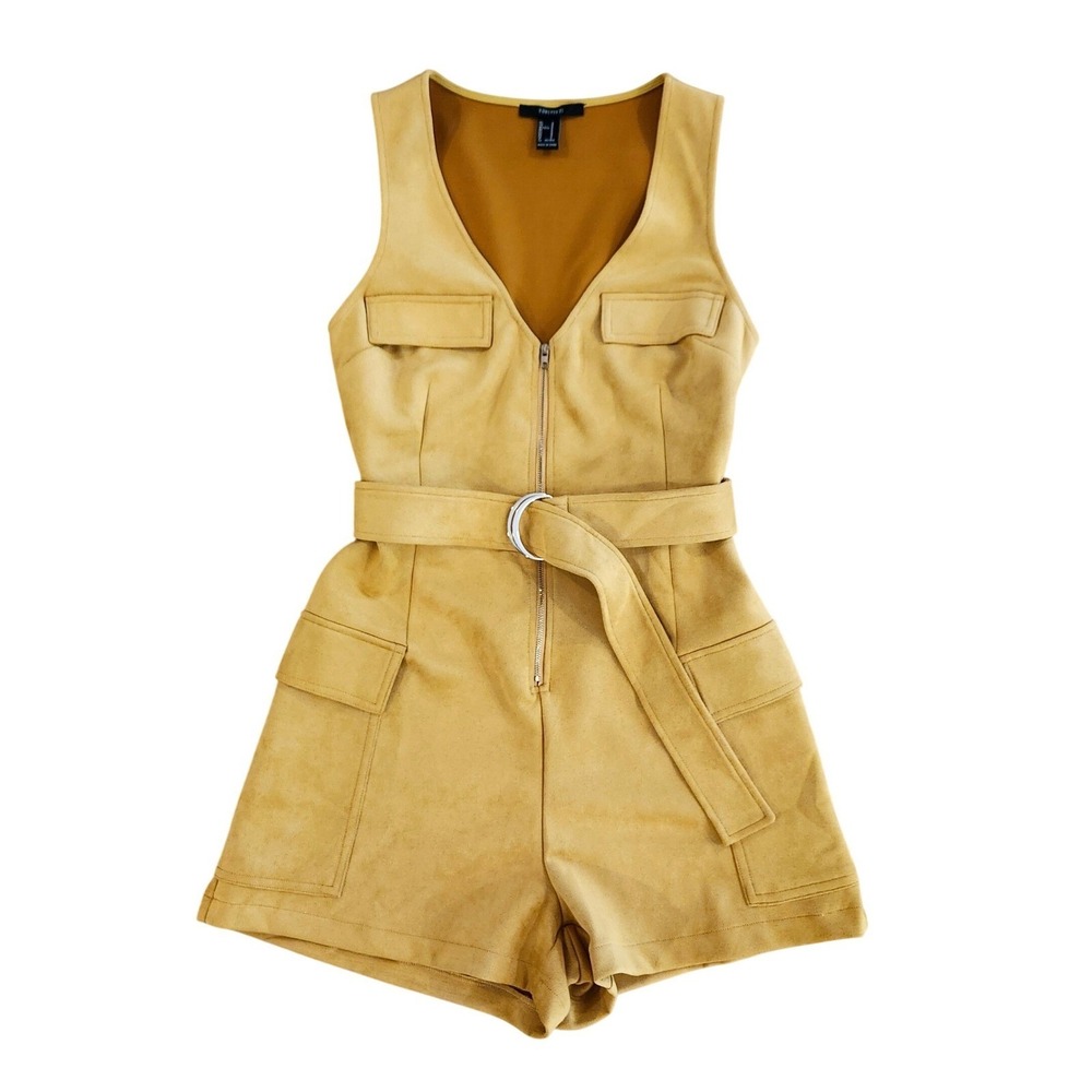 NWOT Forever 21 Faux Suede Utility Romper Womens Size Small Mustard Zip Belted
